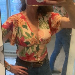 SHEIN Floral Fitted Smocked Floral Hawaiian Crop Top in Pink Green Tan Sz Small